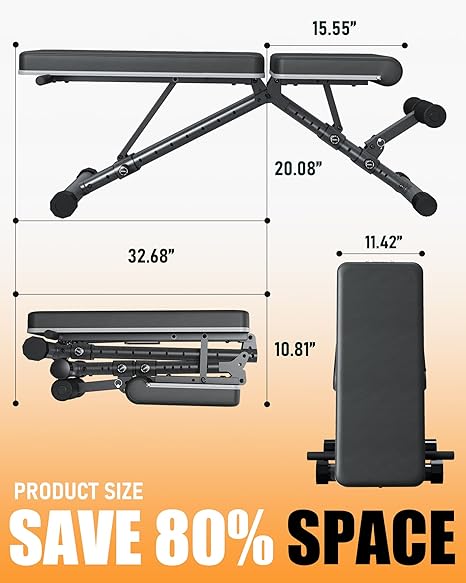 Foldable Weight Bench - 1000LBS Capacity, Incline/Decline for Full Body Workout with Upright Backrest & Adjustable Seat for Lumbar Support