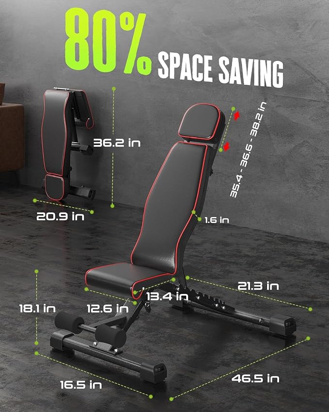 Adjustable Foldable Weight Bench - 880LBS Capacity, Incline/Decline Workout Bench with 90 Degree Folding Design & Head Support Rod