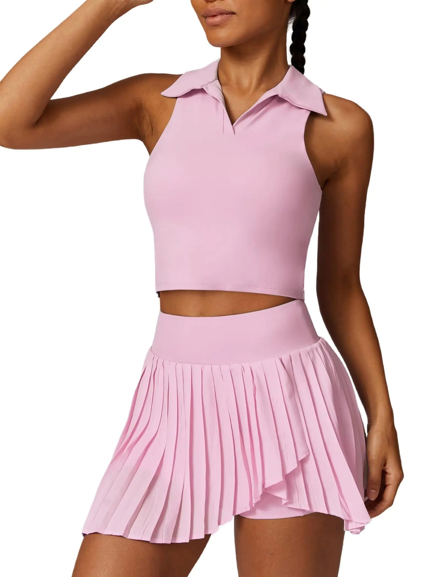 Women's 2 Piece Tennis & Golf Skirt Set - Pleated Skorts with Pockets & Racerback Crop Top Activewear Outfit, Pink