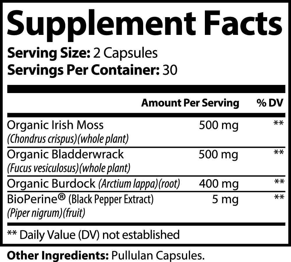 Sea Moss Capsules – Organic Irish Sea Moss, Bladderwrack & Burdock Root – Thyroid, Immunity & Gut Health Support – 60 Vegan Capsules