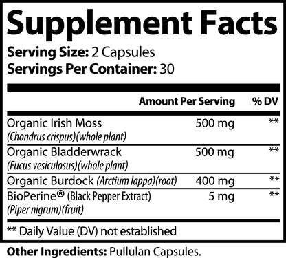 Sea Moss Capsules – Organic Irish Sea Moss, Bladderwrack & Burdock Root – Thyroid, Immunity & Gut Health Support – 60 Vegan Capsules