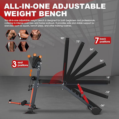 Adjustable Foldable Weight Bench Press with Roman Chair - Incline & Decline Workout Bench for Full Body Strength & Back Extension Training