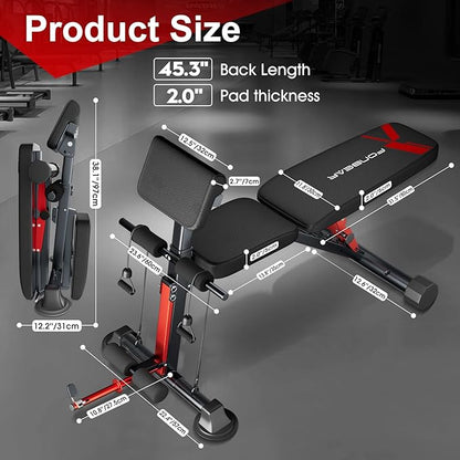 Adjustable Foldable Weight Bench Press with Roman Chair - Incline & Decline Workout Bench for Full Body Strength & Back Extension Training