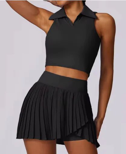 Women's 2 Piece Tennis & Golf Skirt Set - Pleated Skorts with Pockets & Racerback Crop Top Activewear Outfit
