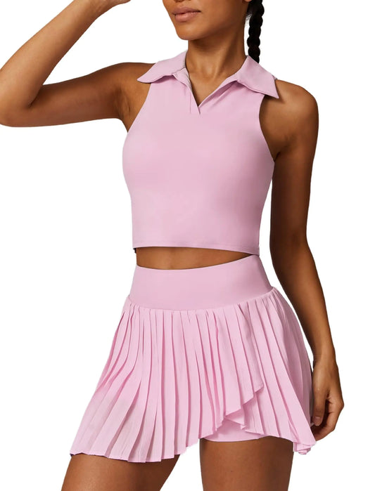 Women's 2 Piece Tennis & Golf Skirt Set - Pleated Skorts with Pockets & Racerback Crop Top Activewear Outfit, Pink