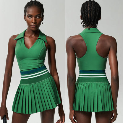 Women's High Waist Pleated Tennis Dress - V-Neck Sleeveless Athletic Dress for Golf