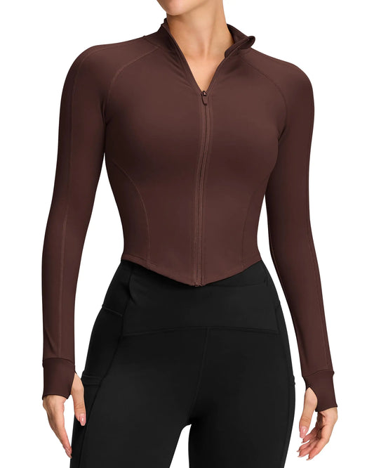 Women's Lightweight Slim Fit Zip Up Cropped Jacket - Long Sleeve Yoga & Workout Athletic Top