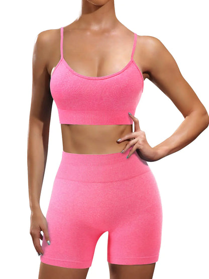 Pink 2 Piece Workout Set for Women - Seamless High Waisted Shorts & Sports Bra Gym Outift