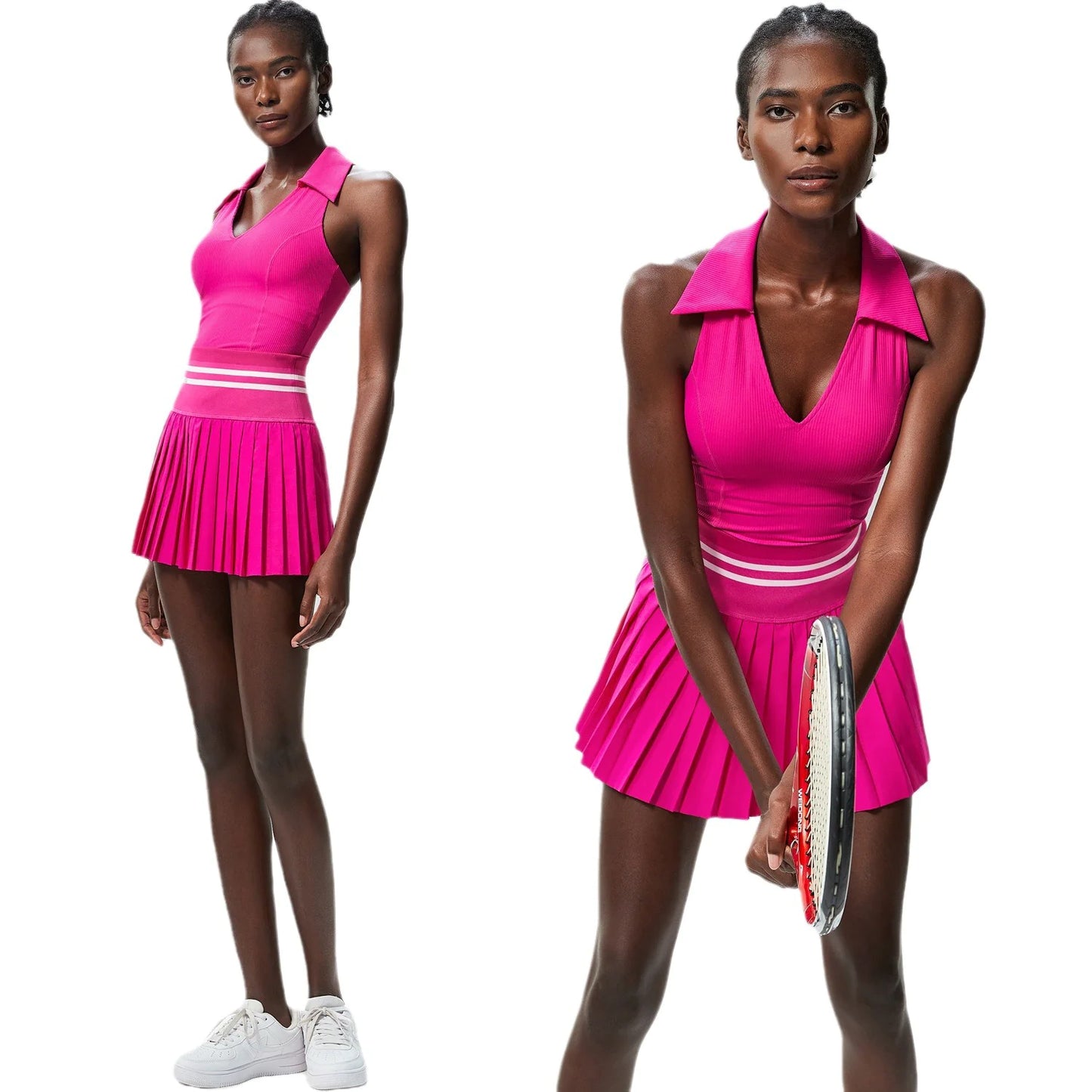 Women's High Waist Pleated Tennis Dress - V-Neck Sleeveless Athletic Dress for Golf
