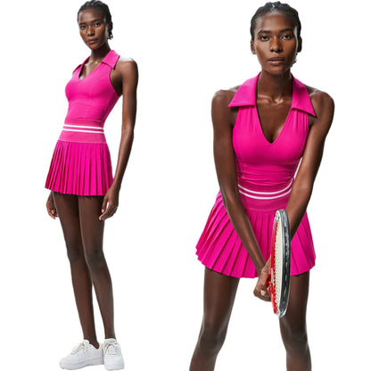 Women's High Waist Pleated Tennis Dress - V-Neck Sleeveless Athletic Dress for Golf