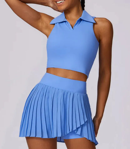 Women's 2 Piece Tennis & Golf Skirt Set - Pleated Skorts with Pockets & Racerback Crop Top Activewear Outfit