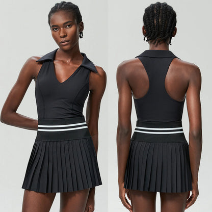 Tennis player serving in lightweight breathable pleated dress