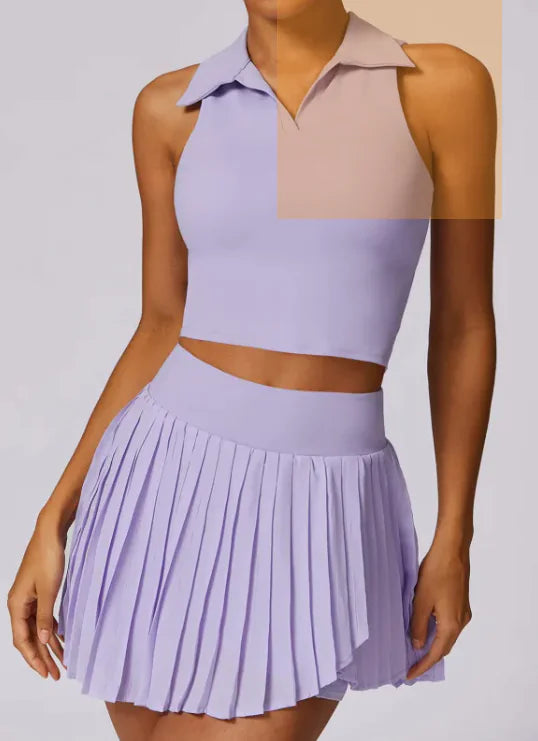 Women's 2 Piece Tennis & Golf Skirt Set - Pleated Skorts with Pockets & Racerback Crop Top Activewear Outfit