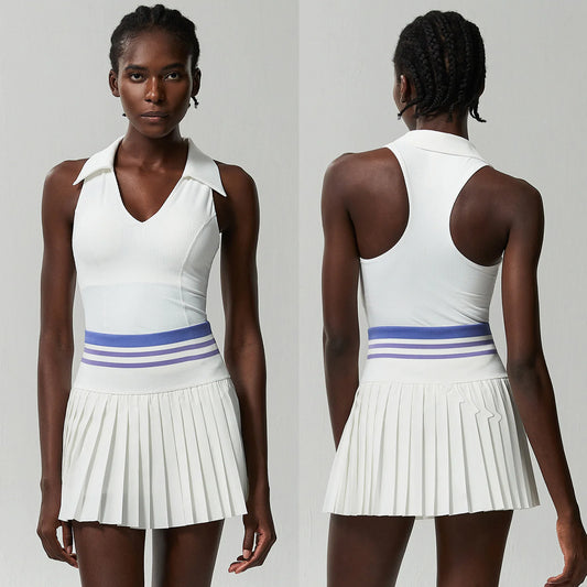 Woman playing tennis in high waist pleated athletic dress
