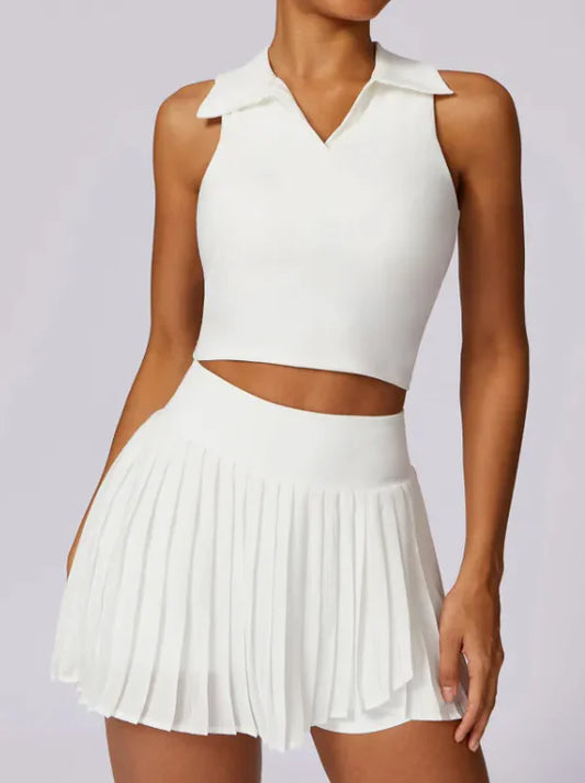 Women's 2 Piece Tennis & Golf Skirt Set - Pleated Skorts with Pockets & Racerback Crop Top Activewear Outfit