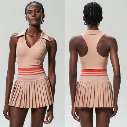Women's High Waist Pleated Tennis Dress - V-Neck Sleeveless Athletic Dress for Golf